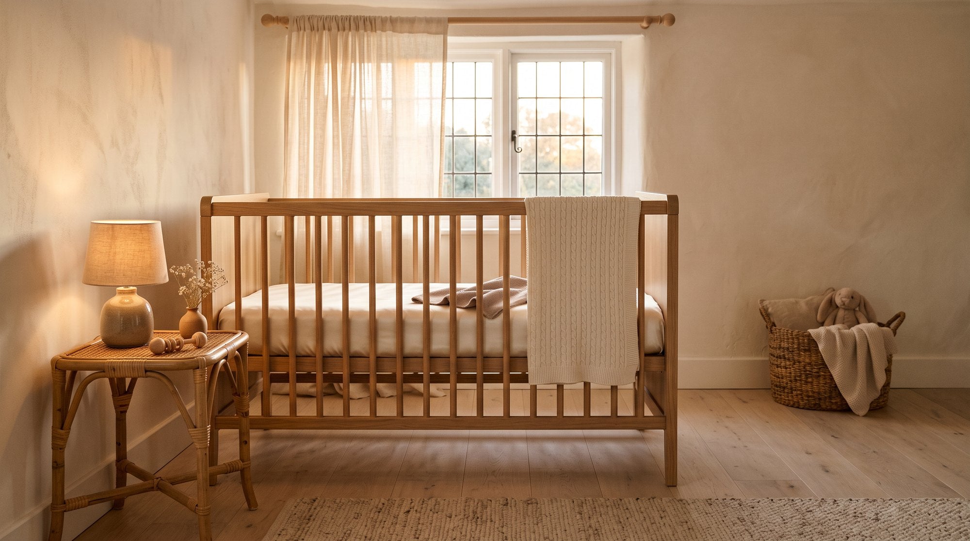 A nursery cot dressed in a warm ivory silk sheet in golden afternoon light